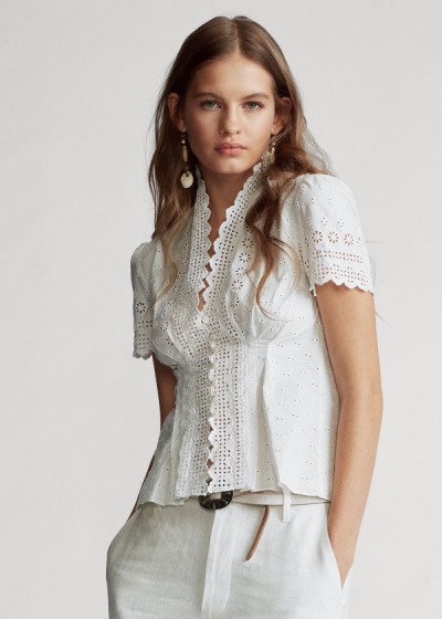 Blusas Polo Ralph Lauren Mujer Blancos - Cotton Eyelet Peplum - QJPTA1624